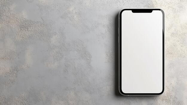 White smartphone mockup with blank screen on textured concrete surface, minimal mood photo