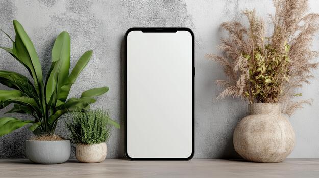 Blank smartphone mockup on textured shelf with decorative plants and warm mood photo