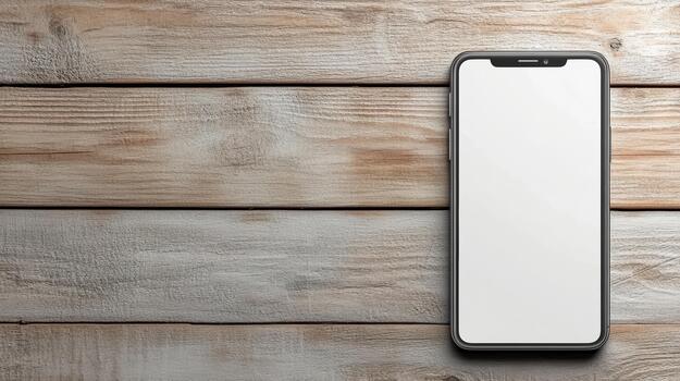 Smartphone mockup blank screen on wooden background with soft lighting and minimal mood photo