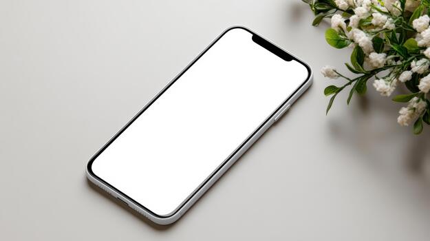 White smartphone mockup on tabletop with floral accent, minimal bright scene photo
