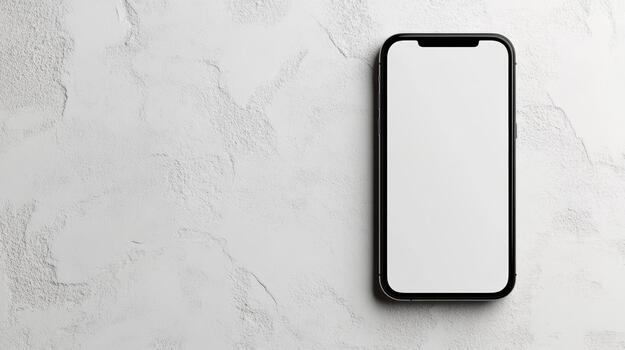 White smartphone mockup standing upright blank front screen on textured wall, minimal modern mood photo