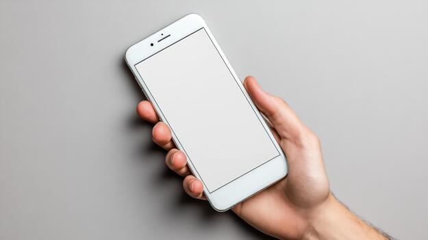 White smartphone mockup held in hand with blank screen, minimal calm modern feel photo
