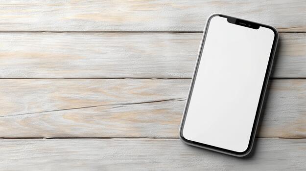 White smartphone mockup with blank screen on wooden surface showing modern sleek device photo