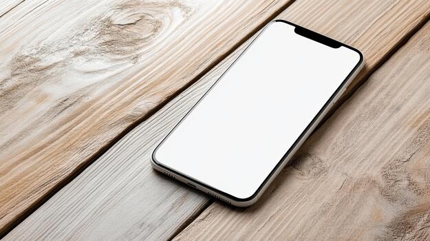 White smartphone mockup with soft rim light on wooden table, minimal modern device display photo