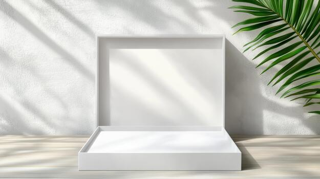 Blank white box with white paper on wooden table with palm tree photo