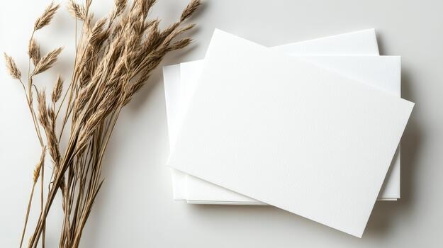 Blank white paper and dried reeds on a white surface photo