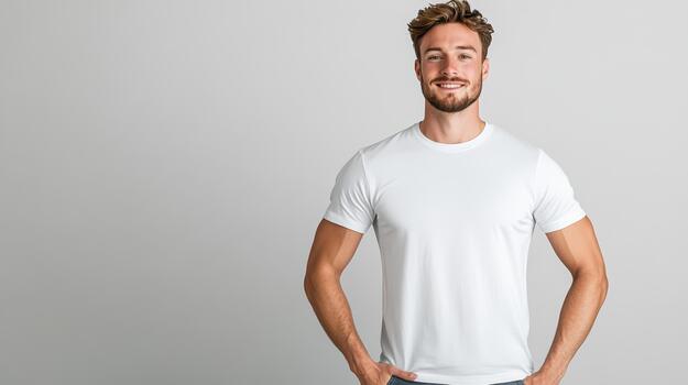 Man in white t - shirt standing in front of gray background photo