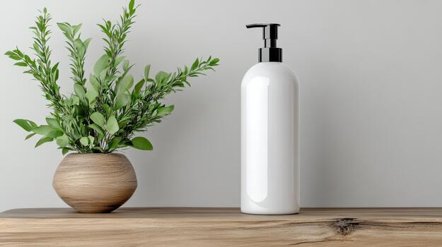 White soap bottle and plant on wooden table 3d rendering photo