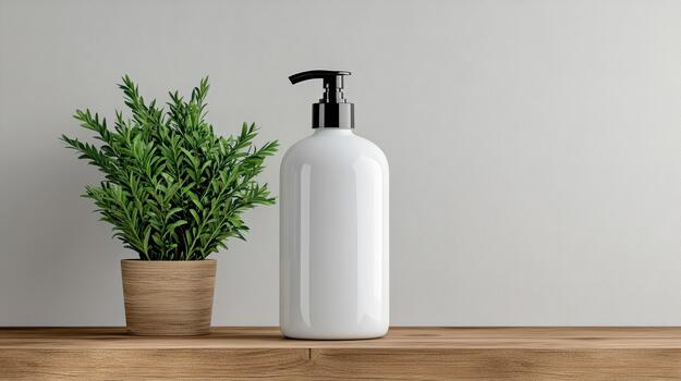 White bottle with soap and plant on wooden shelf 3d rendering photo