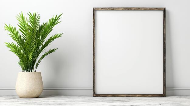 Mock up frame with plant in white room 3d rendering photo