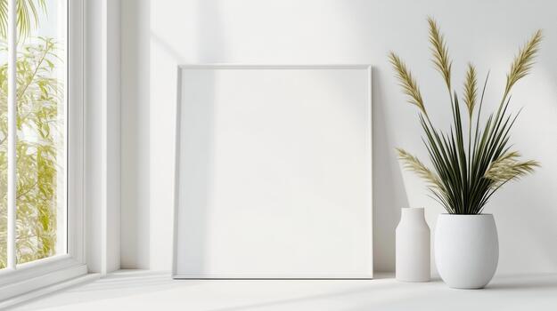A blank white frame and a vase of grass in front of a window photo