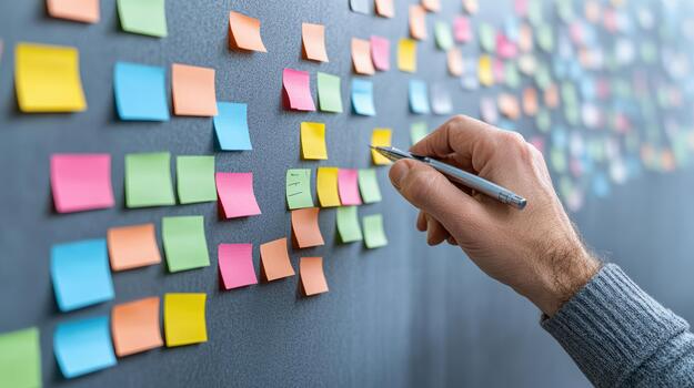 Man writing on sticky notes on blackboard photo