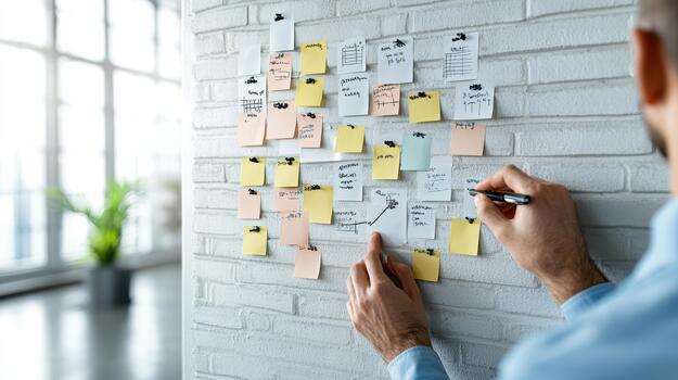 hombre escritura en publícalo notas en pared foto