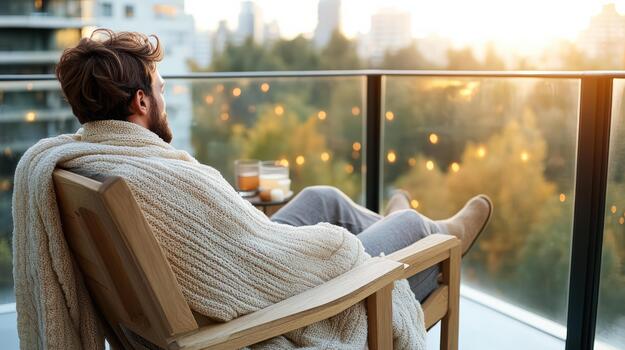 un hombre sentado en un silla con un cobija en su regazo foto