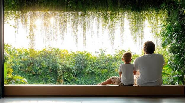 A man and a child sitting on a window sill looking out at a green garden photo