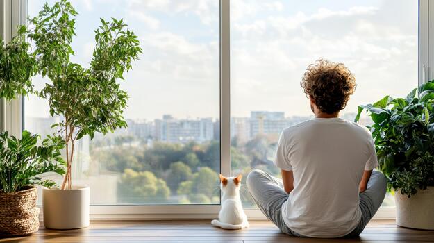 A man sitting on the floor with a cat looking out the window photo
