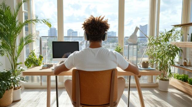 A man sitting at a desk with a laptop and a window view photo