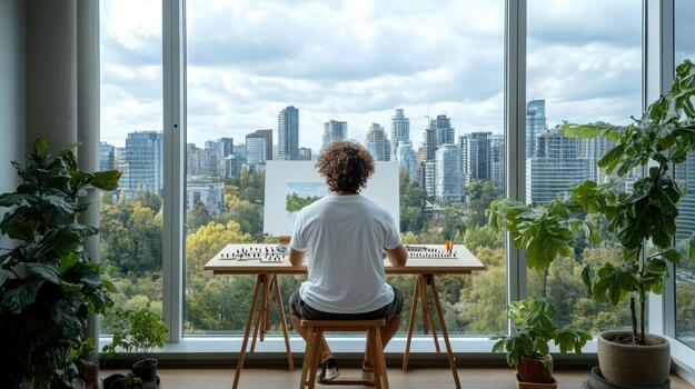 A man sitting at a desk with a view of the city photo