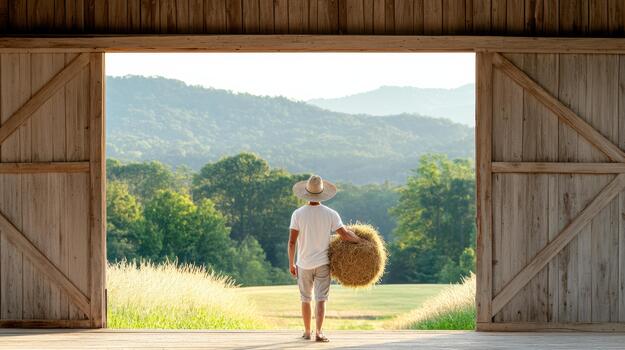 A man in a straw hat standing in front of a barn door photo