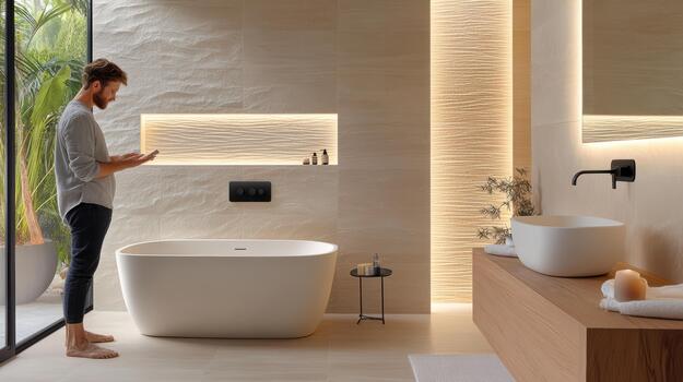 A man standing in front of a bathtub and sink photo