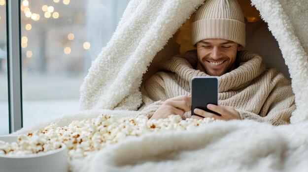 A man in a beanie and sweater is using his phone while sitting in a blanket photo