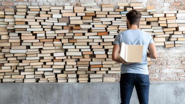 A man standing in front of a wall of books photo