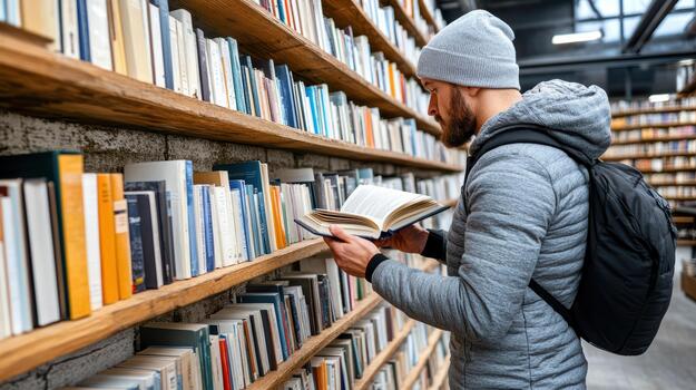 A man in a gray jacket is reading a book in a library photo