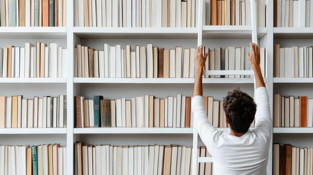 A person reaching up to a shelf full of books photo