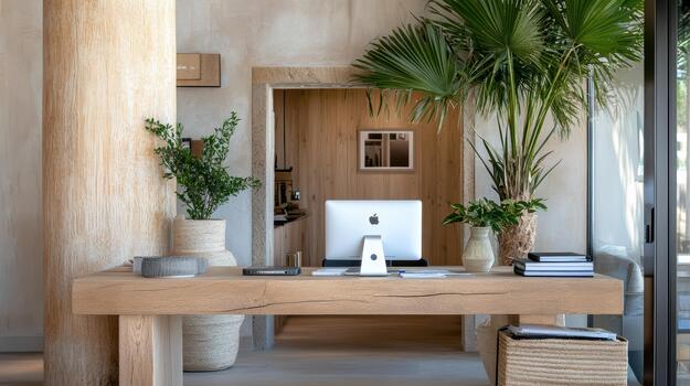 A desk with a computer, a plant and a vase photo