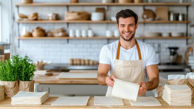 A man in an apron is holding a piece of paper photo