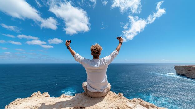 A man sitting on a cliff with his arms up and looking out over the ocean photo