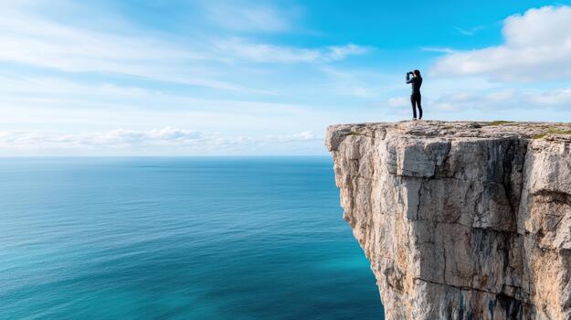 Man standing on the edge of a cliff looking at the ocean photo