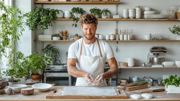 A man in an apron is making dough in a kitchen photo
