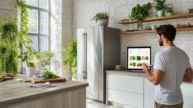 A man standing in front of a kitchen with a tablet photo