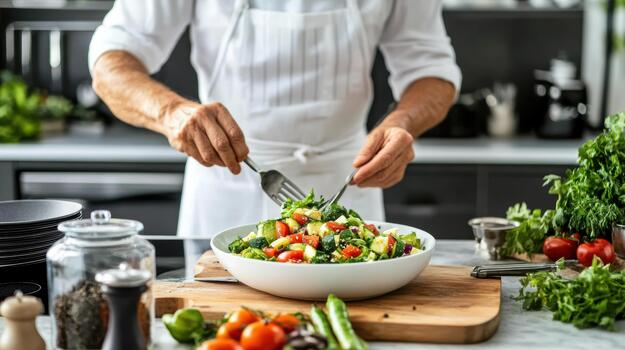 A man in a white apron is preparing a salad photo