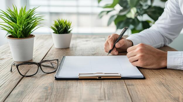 Man writing on notepad with pen and glasses on wooden table photo