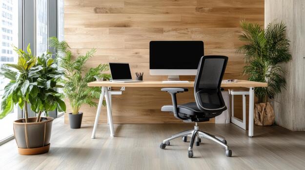 A modern office with a desk, computer and plants photo