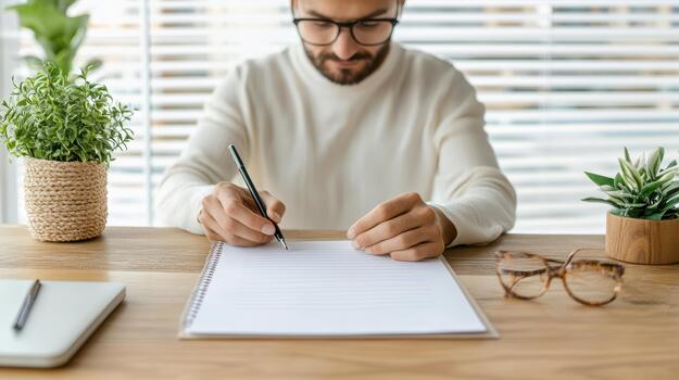 A man is writing on a piece of paper while sitting at a desk photo