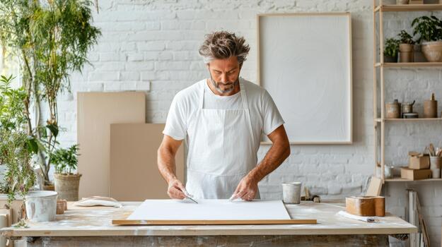 A man is working on a piece of paper in a studio photo