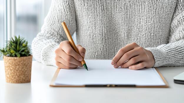 A woman is writing on a notepad with a pencil on a desk photo