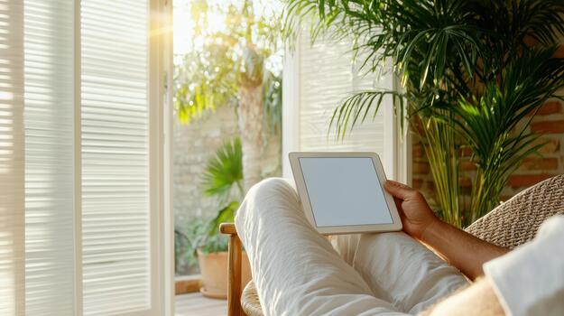 un hombre es sentado en un silla con un tableta computadora foto