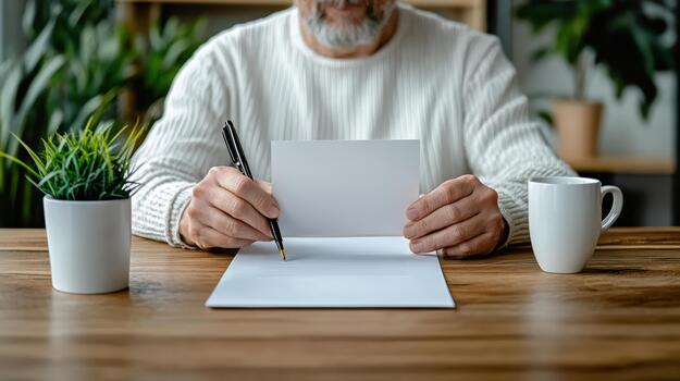 A man is holding a piece of paper and writing on it photo