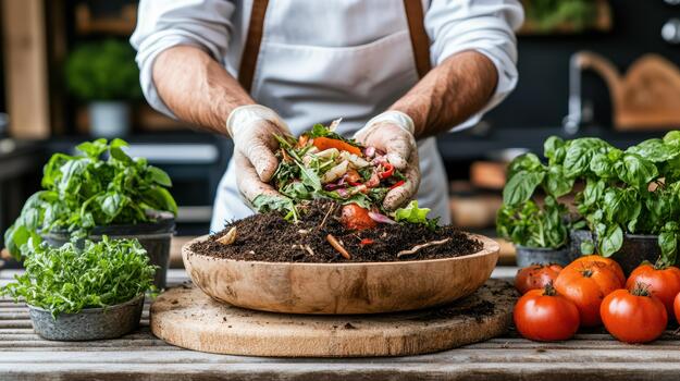 A man in a chef's uniform is holding a bowl of soil photo