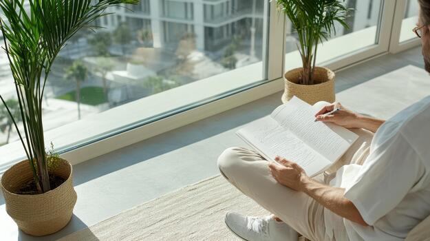 A man sitting on a couch with a book and a plant photo