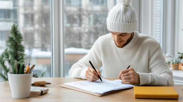 A man in a beanie is writing on a notebook photo