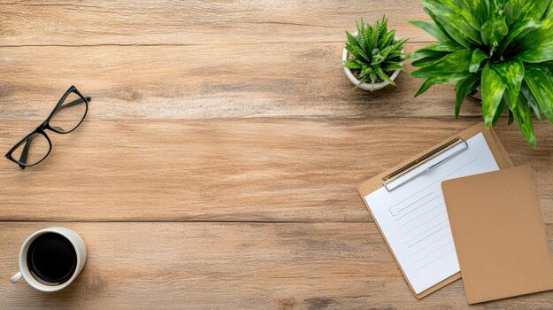 Office desk with notepad, coffee cup, pen and plant on wooden table top view photo