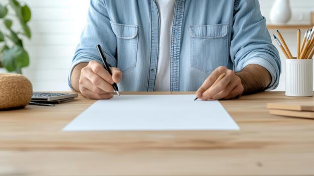 A man is writing on a piece of paper photo