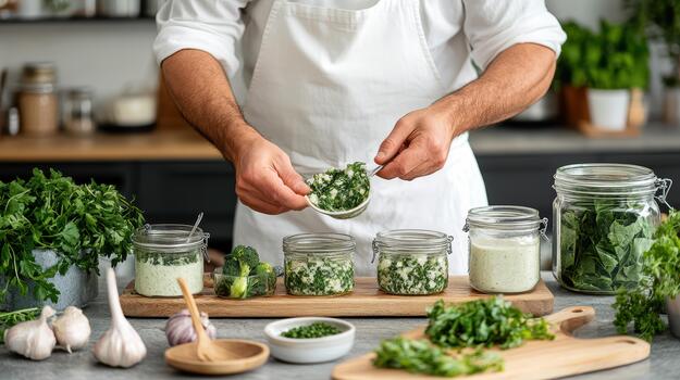 A man in a white apron is preparing food in jars photo