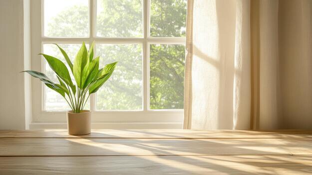 A plant in a vase on a wooden table in front of a window photo