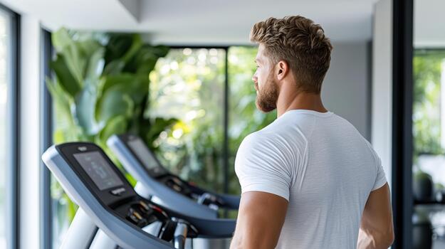 A man is running on a treadmill in a gym photo